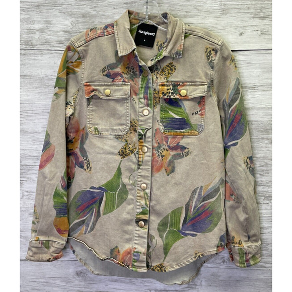 Disigual Jacket Womens S Tan Floral Leopard Snap Button Shacket - Picture 1 of 11